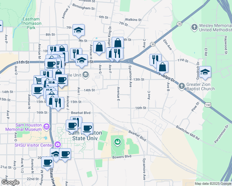 map of restaurants, bars, coffee shops, grocery stores, and more near 1320 Avenue East in Huntsville