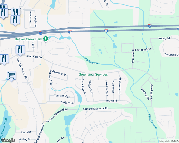 map of restaurants, bars, coffee shops, grocery stores, and more near 350 John King Road in Crestview