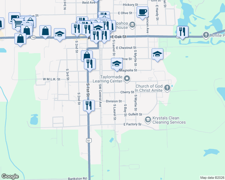 map of restaurants, bars, coffee shops, grocery stores, and more near 510 South Laurel Street in Amite City