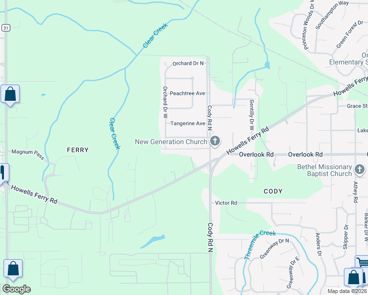 map of restaurants, bars, coffee shops, grocery stores, and more near 1421 Cody Road North in Mobile
