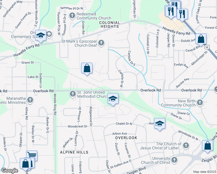 map of restaurants, bars, coffee shops, grocery stores, and more near 6100-6122 Overlook Road in Mobile