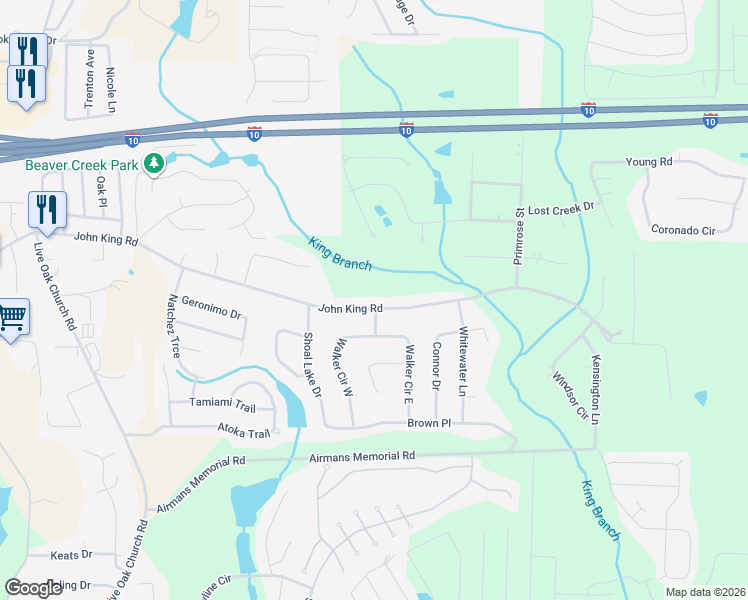 map of restaurants, bars, coffee shops, grocery stores, and more near 360 John King Road in Crestview