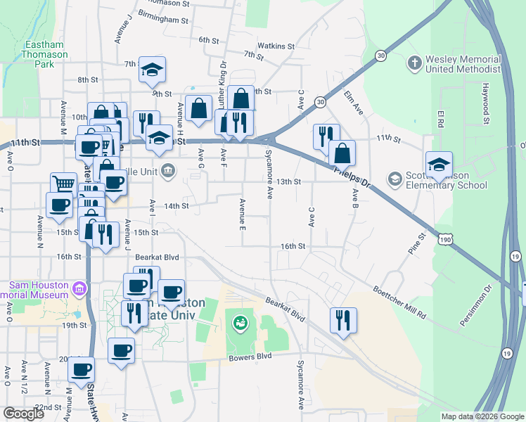 map of restaurants, bars, coffee shops, grocery stores, and more near 410 14th Street in Huntsville