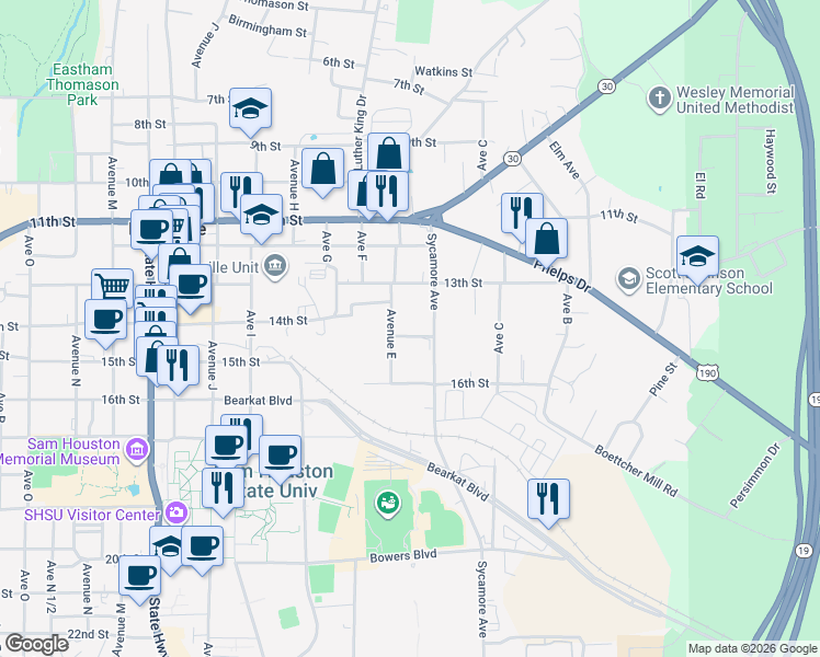 map of restaurants, bars, coffee shops, grocery stores, and more near 410 14th Street in Huntsville