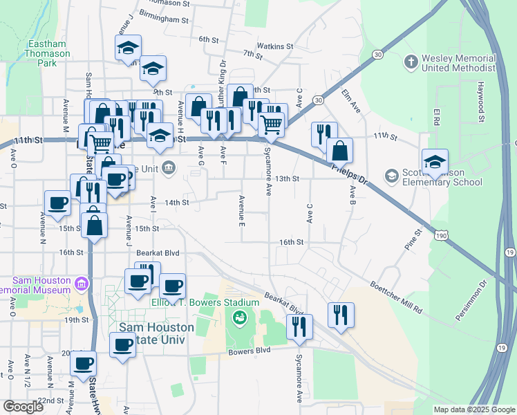 map of restaurants, bars, coffee shops, grocery stores, and more near 410 14th Street in Huntsville
