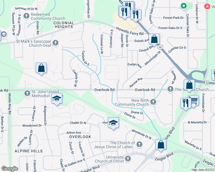 map of restaurants, bars, coffee shops, grocery stores, and more near 5716 Overlook Road in Mobile