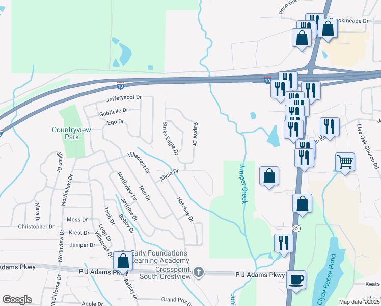 map of restaurants, bars, coffee shops, grocery stores, and more near 211 Raptor Drive in Crestview