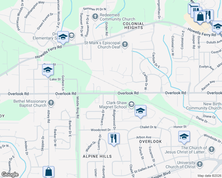 map of restaurants, bars, coffee shops, grocery stores, and more near 6136 Overlook Road in Mobile