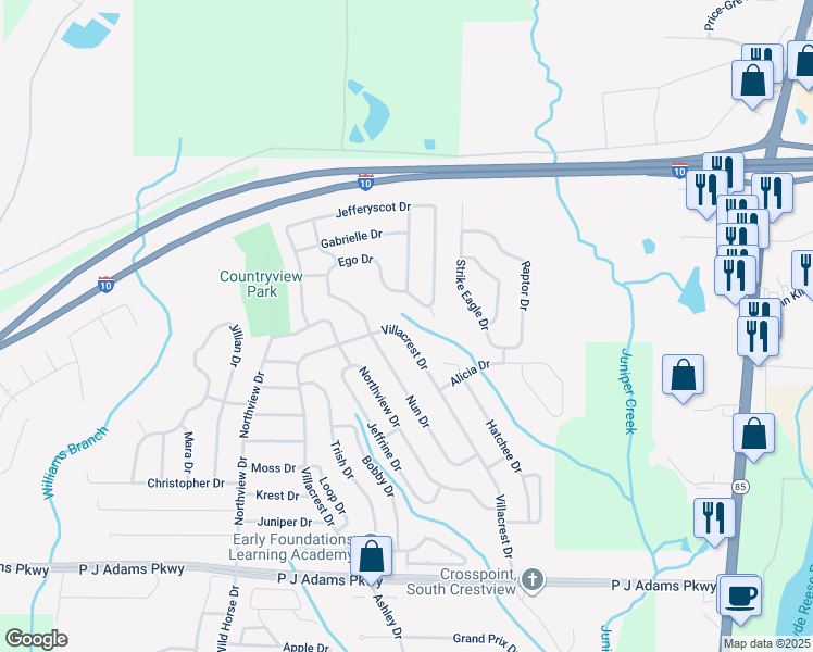 map of restaurants, bars, coffee shops, grocery stores, and more near 150 Villacrest Drive in Crestview