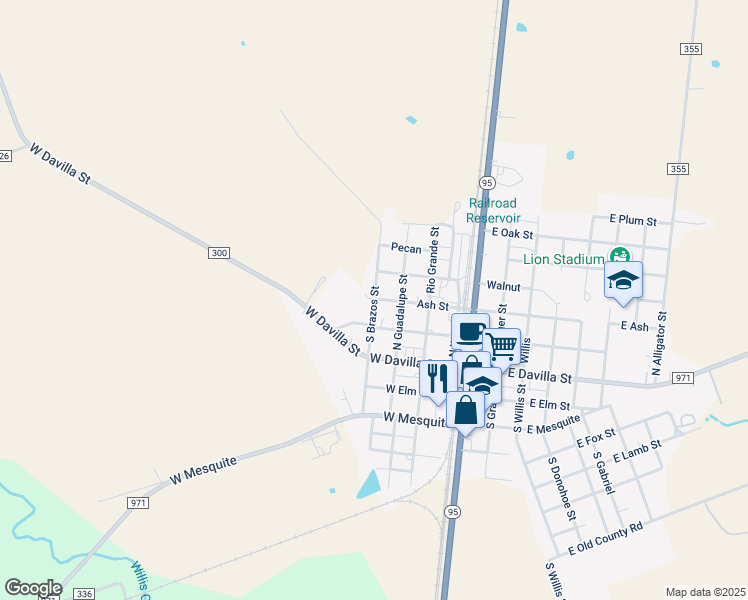 map of restaurants, bars, coffee shops, grocery stores, and more near 205 N Brazos St in Granger
