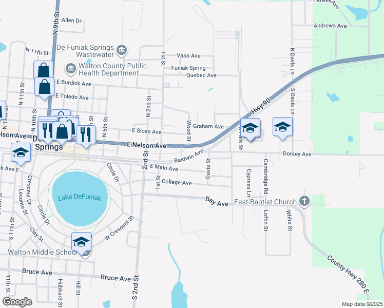 map of restaurants, bars, coffee shops, grocery stores, and more near 503 East Sloss Avenue in DeFuniak Springs