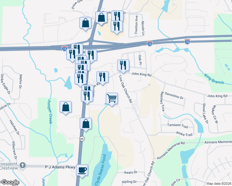 map of restaurants, bars, coffee shops, grocery stores, and more near 214 Southgate Drive in Crestview