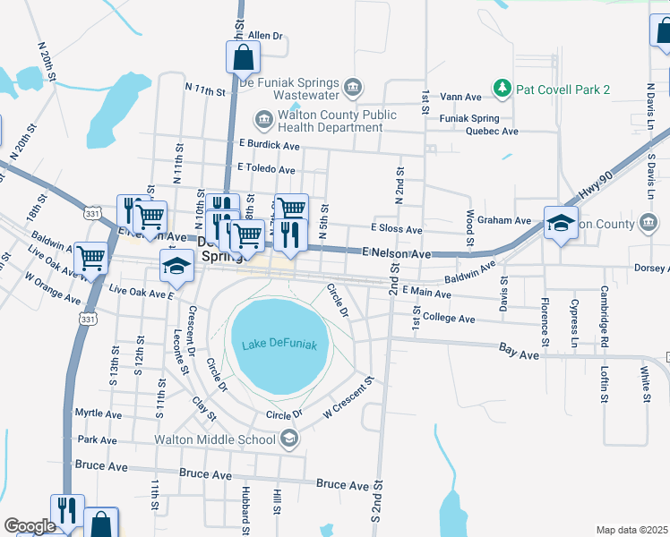 map of restaurants, bars, coffee shops, grocery stores, and more near 536 Baldwin Avenue in DeFuniak Springs