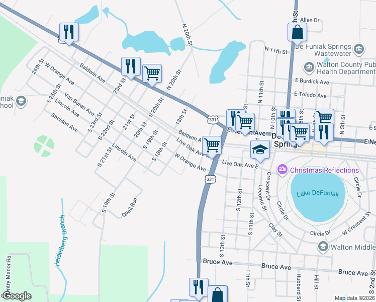 map of restaurants, bars, coffee shops, grocery stores, and more near 172 West Orange Avenue in DeFuniak Springs