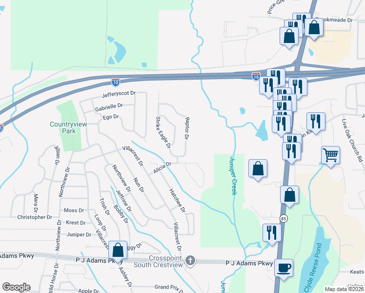 map of restaurants, bars, coffee shops, grocery stores, and more near 209 Raptor Drive in Crestview