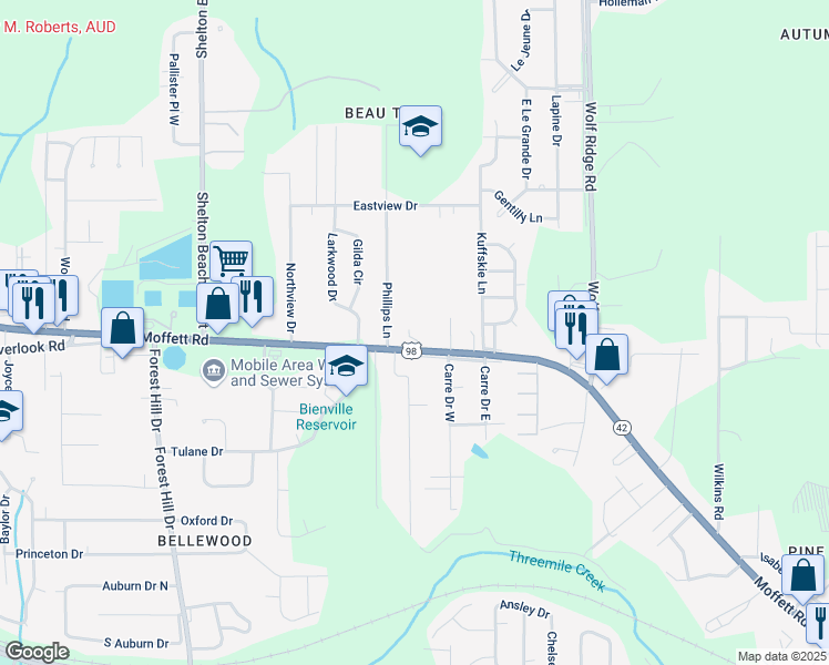 map of restaurants, bars, coffee shops, grocery stores, and more near 4404 Moffett Road in Mobile