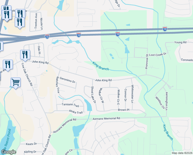 map of restaurants, bars, coffee shops, grocery stores, and more near 350 John King Road in Crestview
