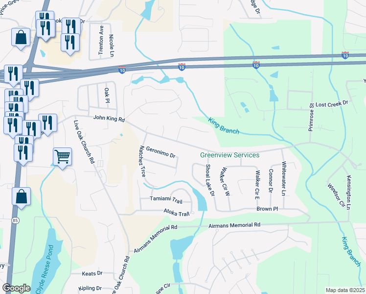 map of restaurants, bars, coffee shops, grocery stores, and more near 329 John King Road in Crestview