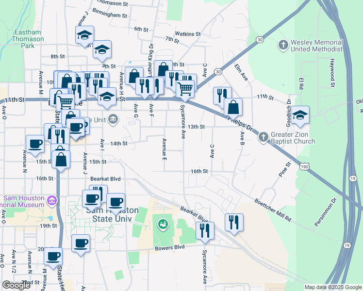 map of restaurants, bars, coffee shops, grocery stores, and more near 1322 Sycamore Avenue in Huntsville