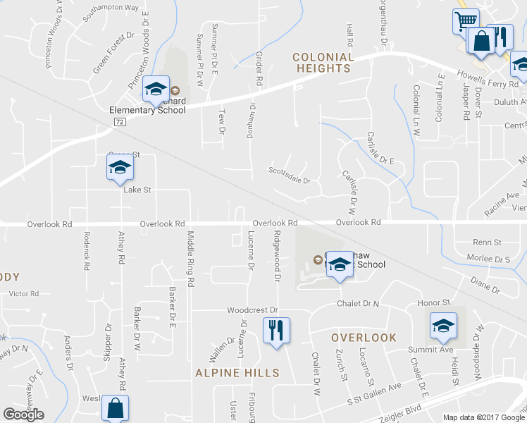 map of restaurants, bars, coffee shops, grocery stores, and more near 6136 Overlook Road in Mobile