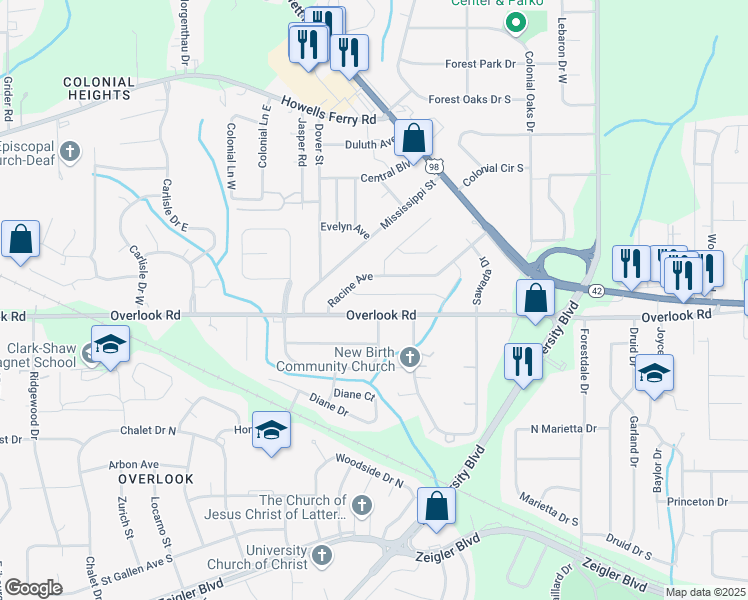 map of restaurants, bars, coffee shops, grocery stores, and more near 5517 Vienna Avenue in Mobile