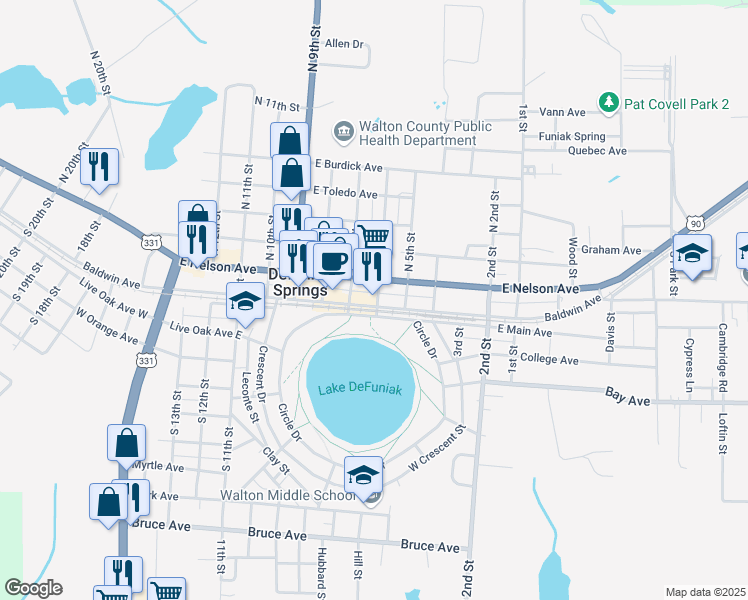map of restaurants, bars, coffee shops, grocery stores, and more near 660 Baldwin Avenue in DeFuniak Springs