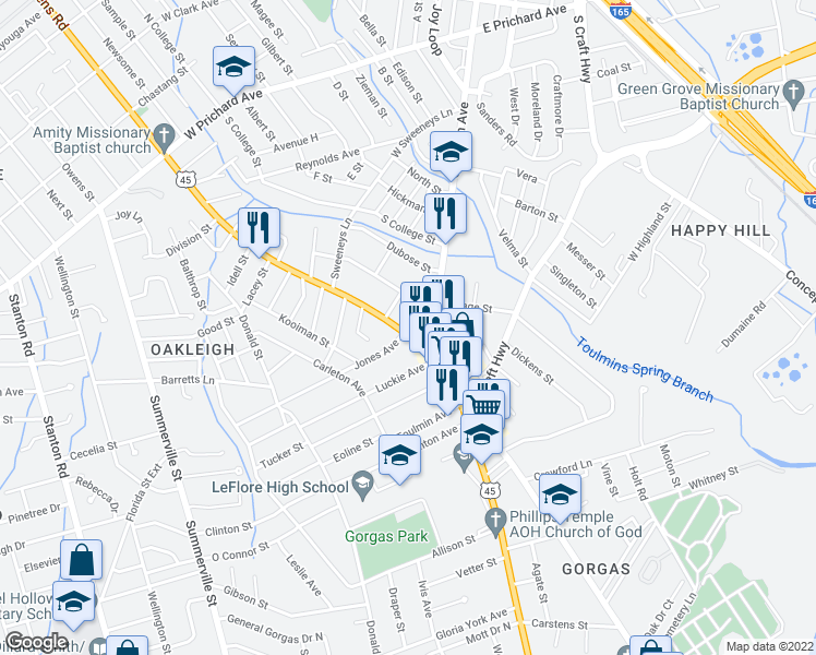 map of restaurants, bars, coffee shops, grocery stores, and more near 2364 Saint Stephens Road in Mobile