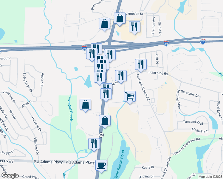 map of restaurants, bars, coffee shops, grocery stores, and more near 100 John King Road in Crestview
