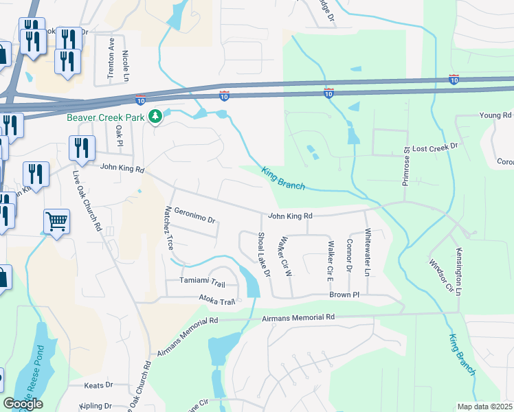 map of restaurants, bars, coffee shops, grocery stores, and more near 340 John King Road in Crestview