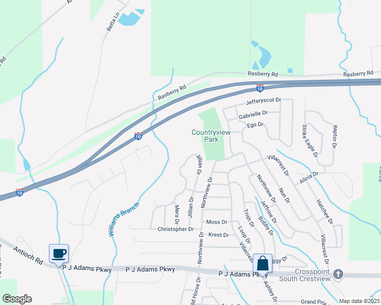 map of restaurants, bars, coffee shops, grocery stores, and more near 452 Jillian Drive in Crestview