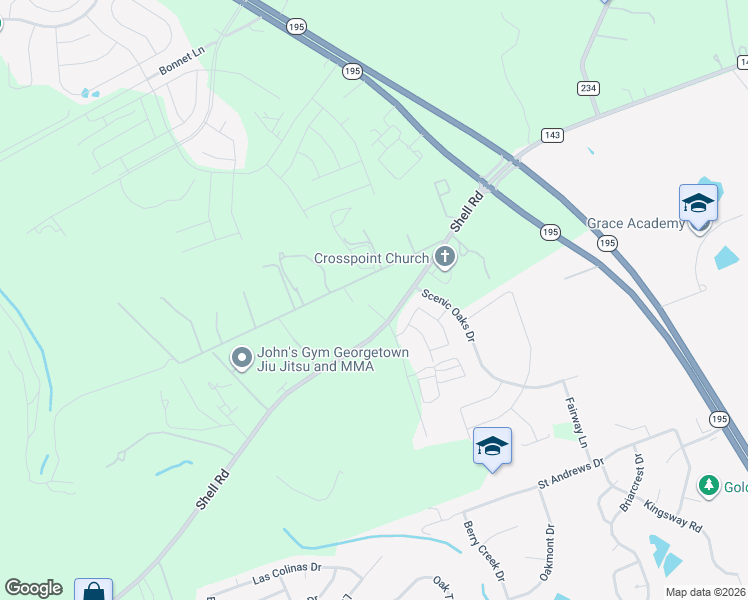 map of restaurants, bars, coffee shops, grocery stores, and more near 3709 Shell Road in Georgetown