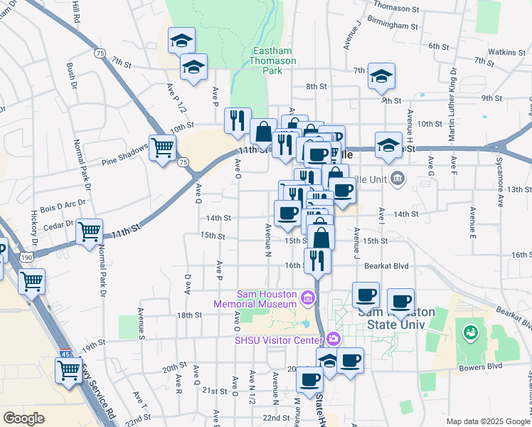 map of restaurants, bars, coffee shops, grocery stores, and more near 1403 14th Street in Huntsville