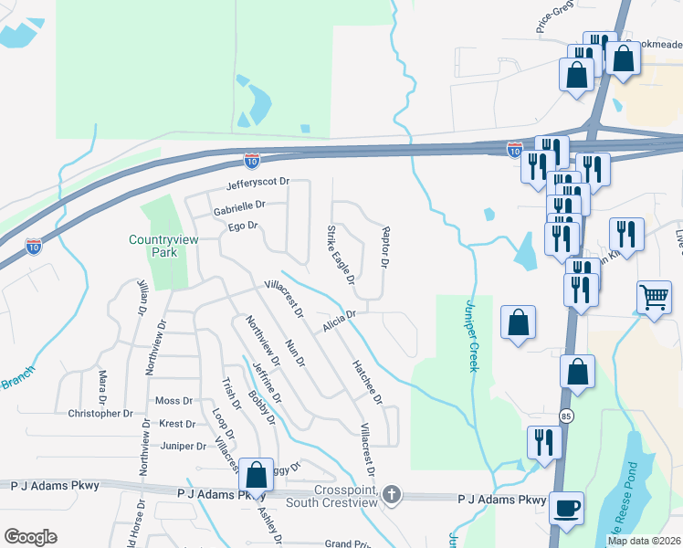 map of restaurants, bars, coffee shops, grocery stores, and more near 109 Strike Eagle Drive in Crestview