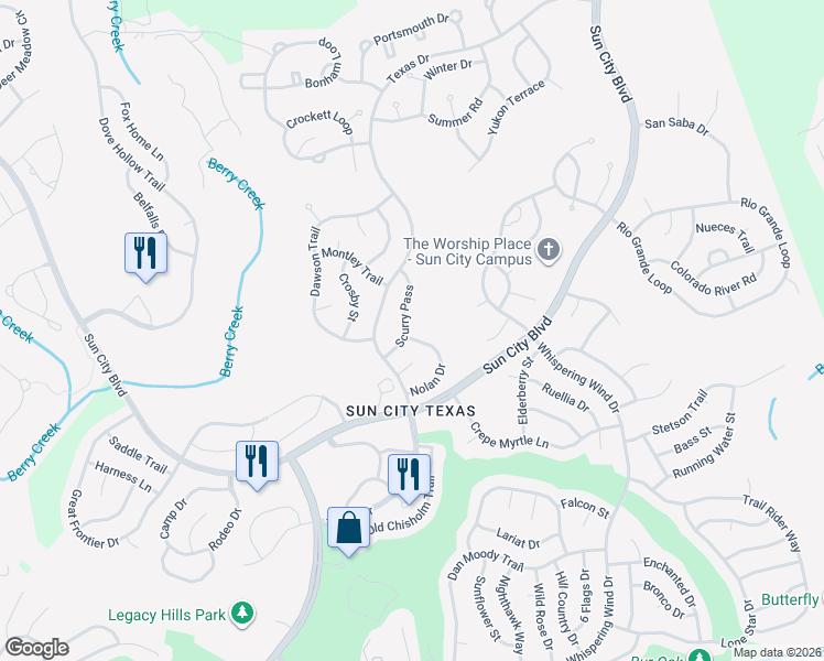 map of restaurants, bars, coffee shops, grocery stores, and more near 107 Scurry Pass in Georgetown