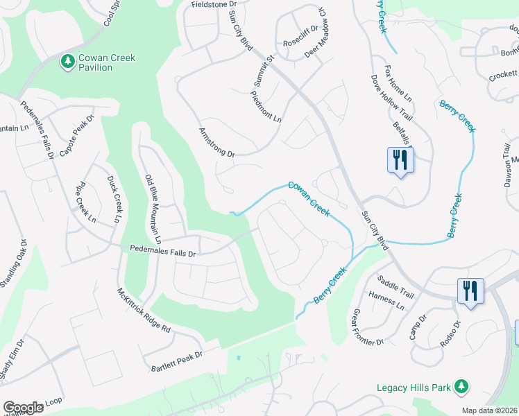 map of restaurants, bars, coffee shops, grocery stores, and more near 610 Davis Mountain Circle in Georgetown