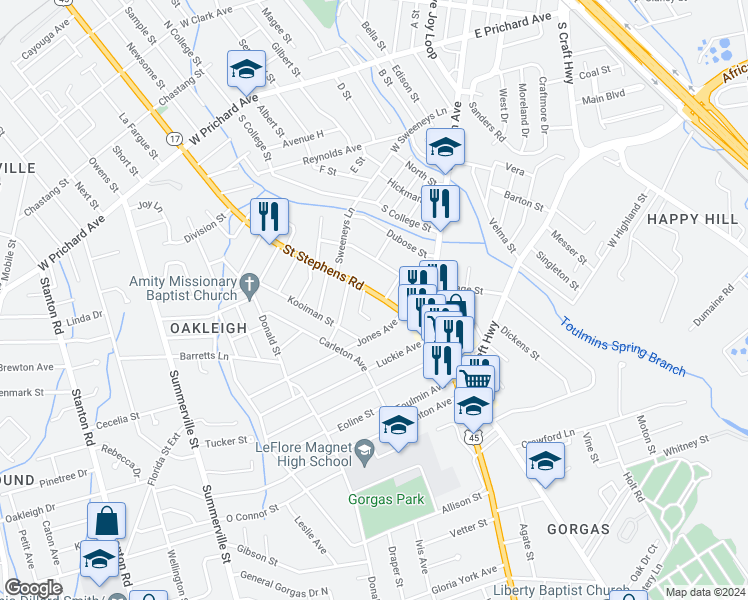 map of restaurants, bars, coffee shops, grocery stores, and more near 2413 Saint Stephens Road in Mobile