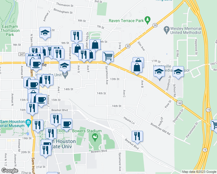 map of restaurants, bars, coffee shops, grocery stores, and more near 1315 Sycamore Avenue in Huntsville