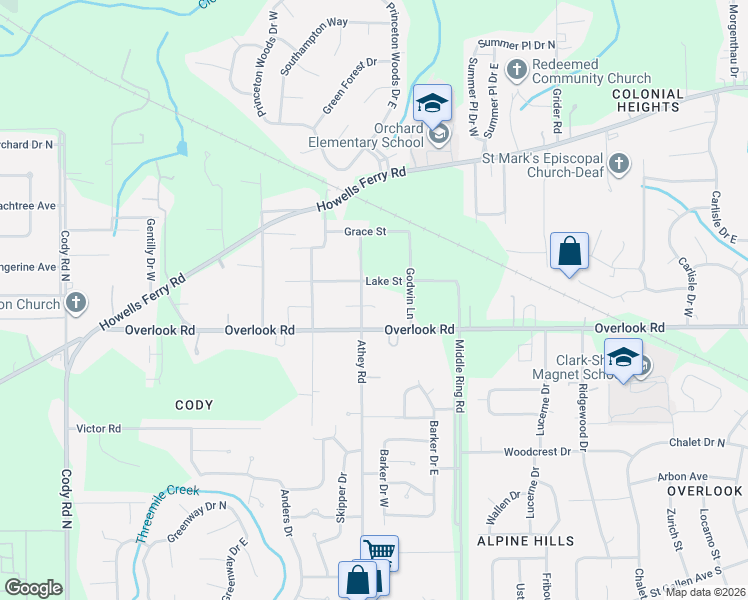 map of restaurants, bars, coffee shops, grocery stores, and more near 6522-6548 Overlook Road in Mobile
