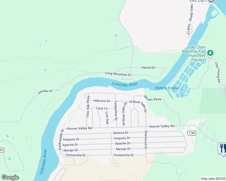 map of restaurants, bars, coffee shops, grocery stores, and more near 106 Hillcrest Drive in Burnet