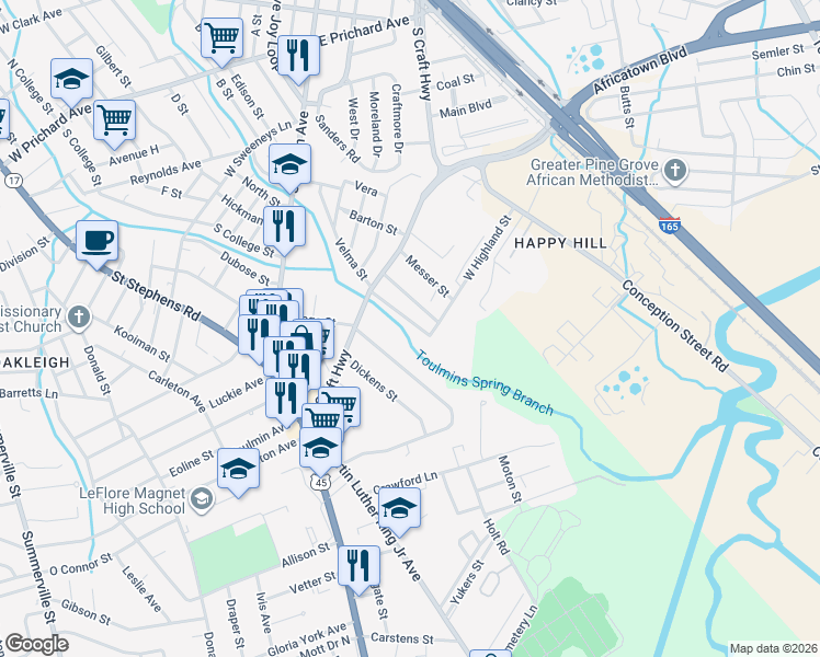 map of restaurants, bars, coffee shops, grocery stores, and more near 550 Velma Street in Prichard