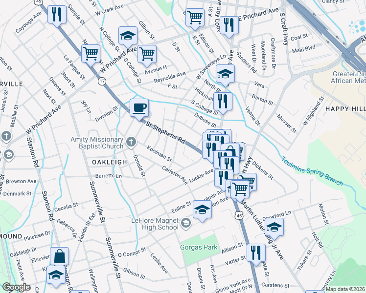 map of restaurants, bars, coffee shops, grocery stores, and more near 2419 Saint Stephens Road in Mobile