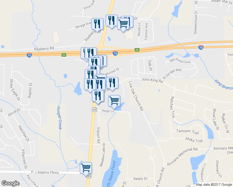 map of restaurants, bars, coffee shops, grocery stores, and more near 120 John King Road in Crestview