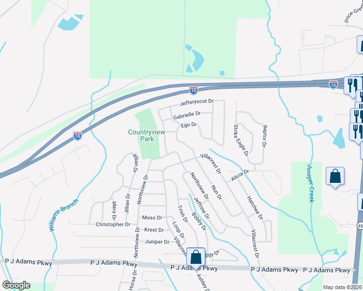 map of restaurants, bars, coffee shops, grocery stores, and more near 1207 Ego Drive in Crestview