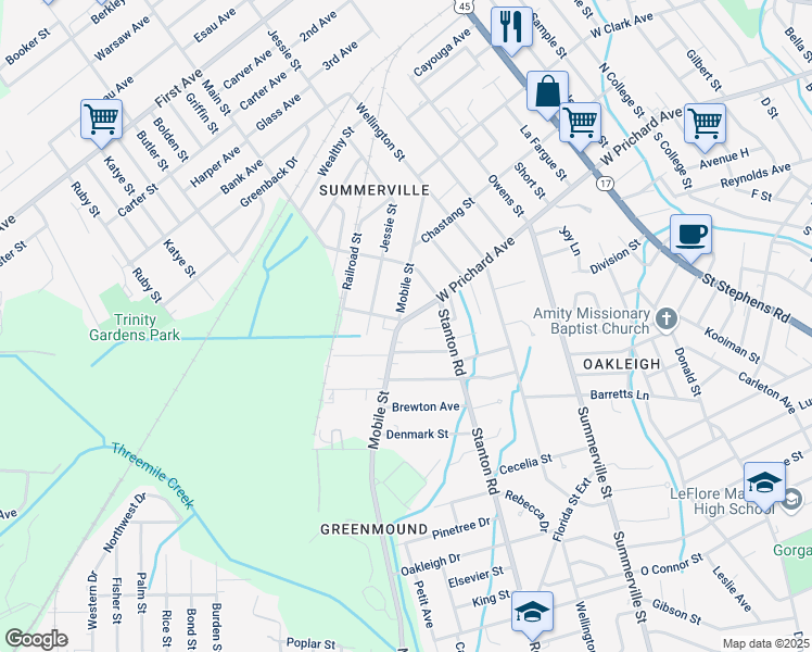 map of restaurants, bars, coffee shops, grocery stores, and more near 1205 Mobile Street in Mobile