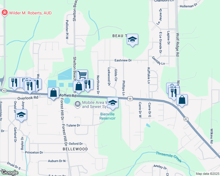 map of restaurants, bars, coffee shops, grocery stores, and more near 1549 Larkwood Drive in Mobile