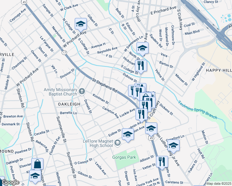 map of restaurants, bars, coffee shops, grocery stores, and more near 2419 Saint Stephens Road in Mobile