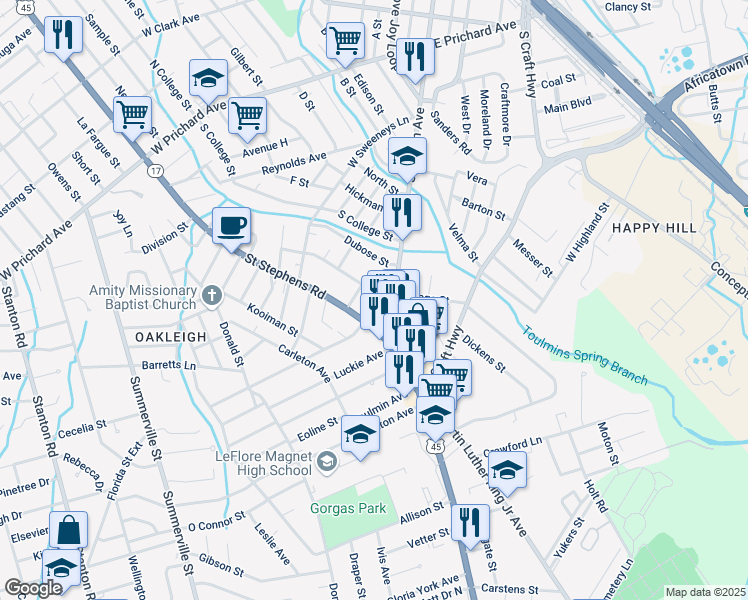map of restaurants, bars, coffee shops, grocery stores, and more near 601 South Wilson Avenue in Mobile