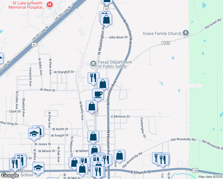 map of restaurants, bars, coffee shops, grocery stores, and more near 1600 Texas 146 in Livingston
