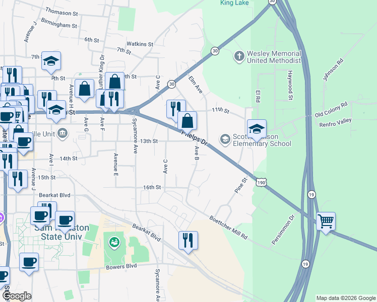 map of restaurants, bars, coffee shops, grocery stores, and more near 217 13th Street in Huntsville
