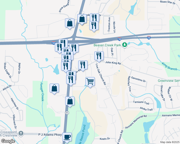 map of restaurants, bars, coffee shops, grocery stores, and more near 203 Southgate Drive in Crestview